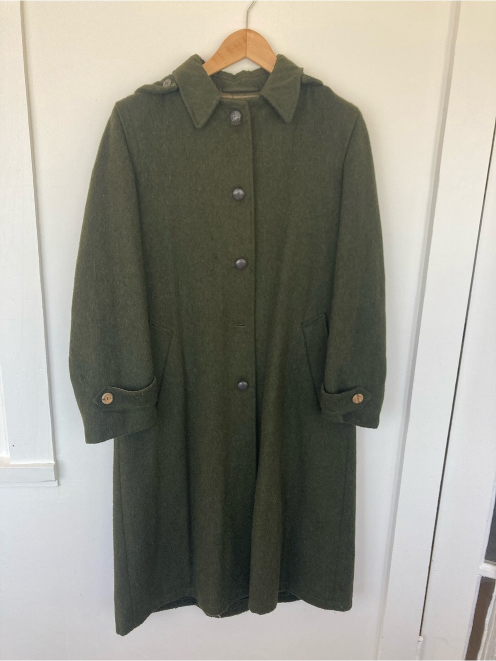 Vintage Loden Coat with Button Front and Hood